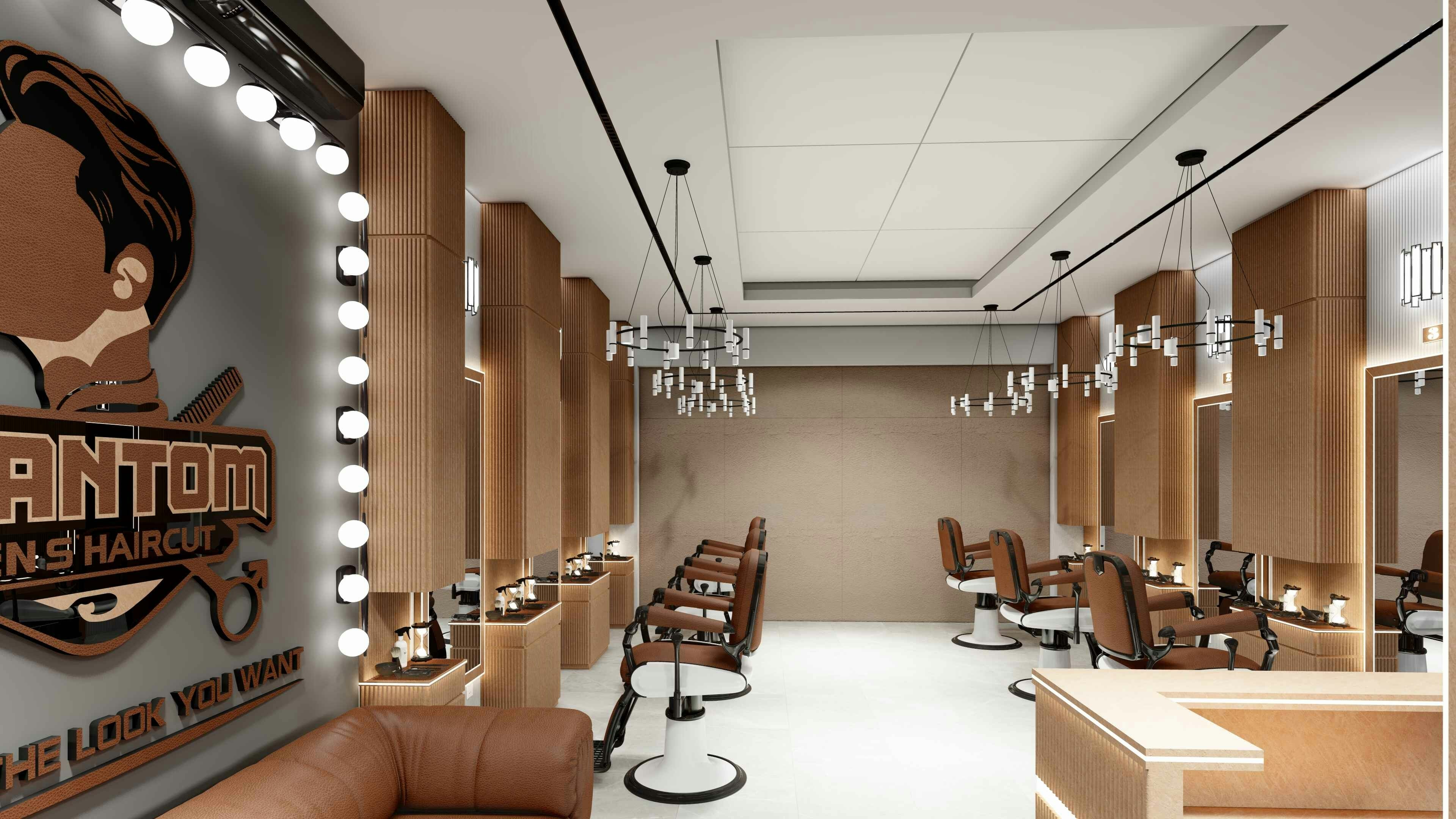 Eleganter Friseursalon mit großflächigen, beleuchteten Friseurspiegeln, modernen Bedienplätzen und warmen Holzakzenten – ideal zur Präsentation hochwertiger Salonspiegel.