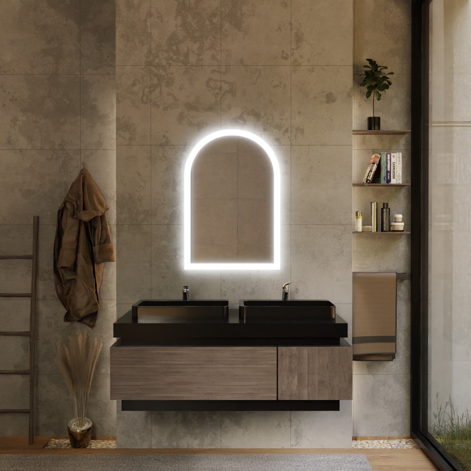 **Alt-Text:**
Modernes Badezimmer mit beleuchtetem Bogen-Spiegel, Doppelwaschbecken in Schwarz, schwebendem Unterschrank in Holzoptik, grauen Betonoptik-Fliesen und offener Regalnische neben einer großen Fensterfront