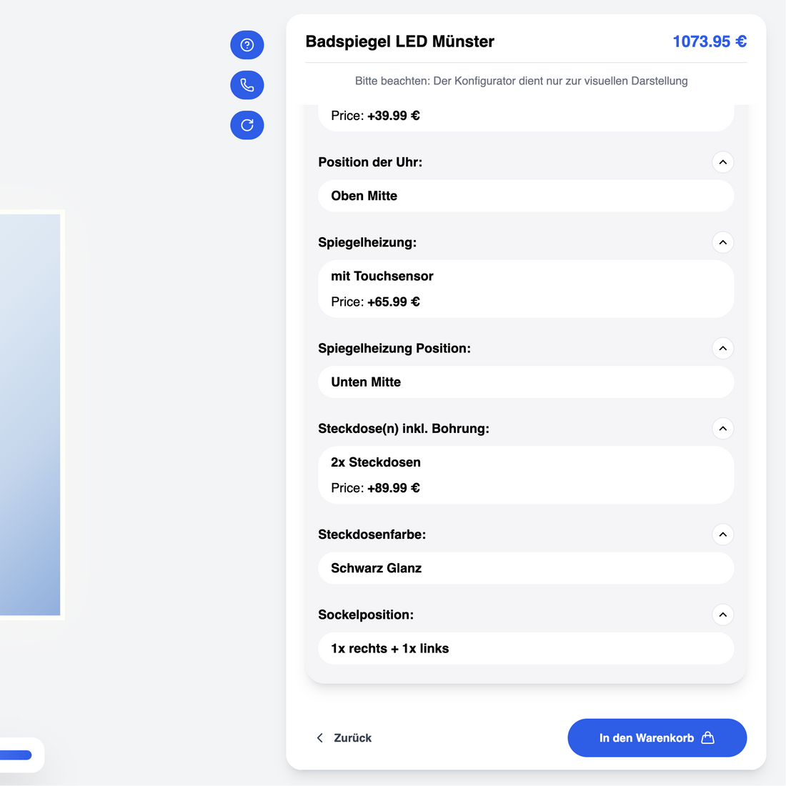 Darstellung der Bestellübersicht im Spiegel-Konfigurator mit ausgewählten Optionen wie Uhrposition, Spiegelheizung, Steckdosen und Farbeinstellungen.