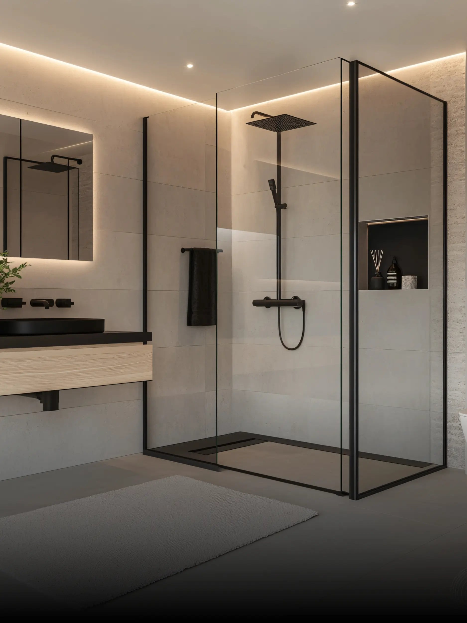 Rahmenlose Glas-Duschwand mit schwarzem Profil und Regendusche neben Waschtisch mit beleuchtetem Spiegel; helle Fliesen, Nische mit Accessoires und minimalistisches Design