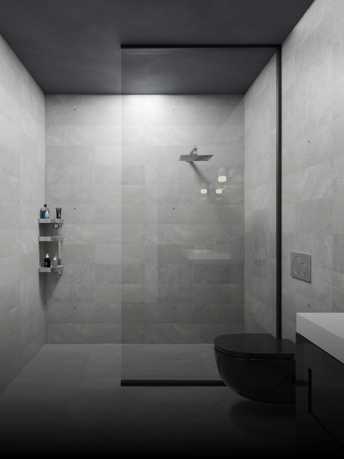 Ein modernes Badezimmer in dunklen und hellgrauen Tönen mit einer offenen, begehbaren Dusche. Die Dusche besitzt eine große, quadratische Edelstahl-Regendusche an der Wand, ein schmales Glasabtrennungspanel und eine eingelassene Nische mit Pflegeprodukten. Rechts befindet sich ein schwarzes Wand-WC und ein Teil eines Waschtischunterschranks.