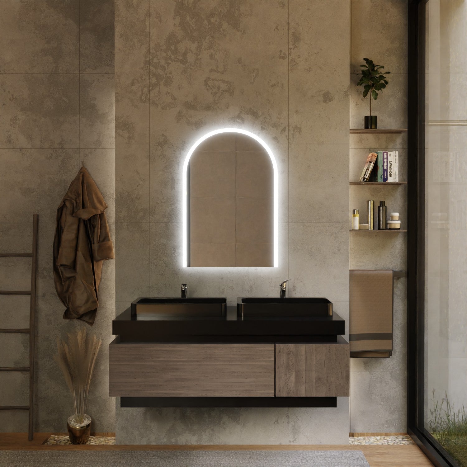 Modernes Badezimmer mit beleuchtetem Bogen-Spiegel, Doppelwaschbecken in Schwarz, schwebendem Unterschrank in Holzoptik und grauen Betonoptik-Fliesen – stilvolles Bad-Design mit Fokus auf Spiegelbeleuchtung und klarer Linienführung